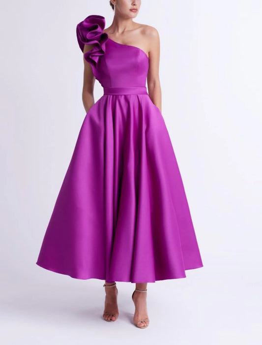 A-Line Cocktail Dresses Elegant Dress Wedding Guest Party Wear Ankle Length Sleeveless One Shoulder Pocket Satin with Ruffles