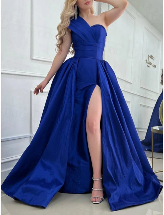 A-Line Prom Dresses Elegant Dress Formal Sweep / Brush Train Sleeveless One Shoulder Satin with Pleats Slit