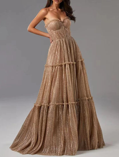 A-Line Evening Gown Glittering Dress Formal Wedding Guest Floor Length Sleeveless Strapless Tulle with Pleats