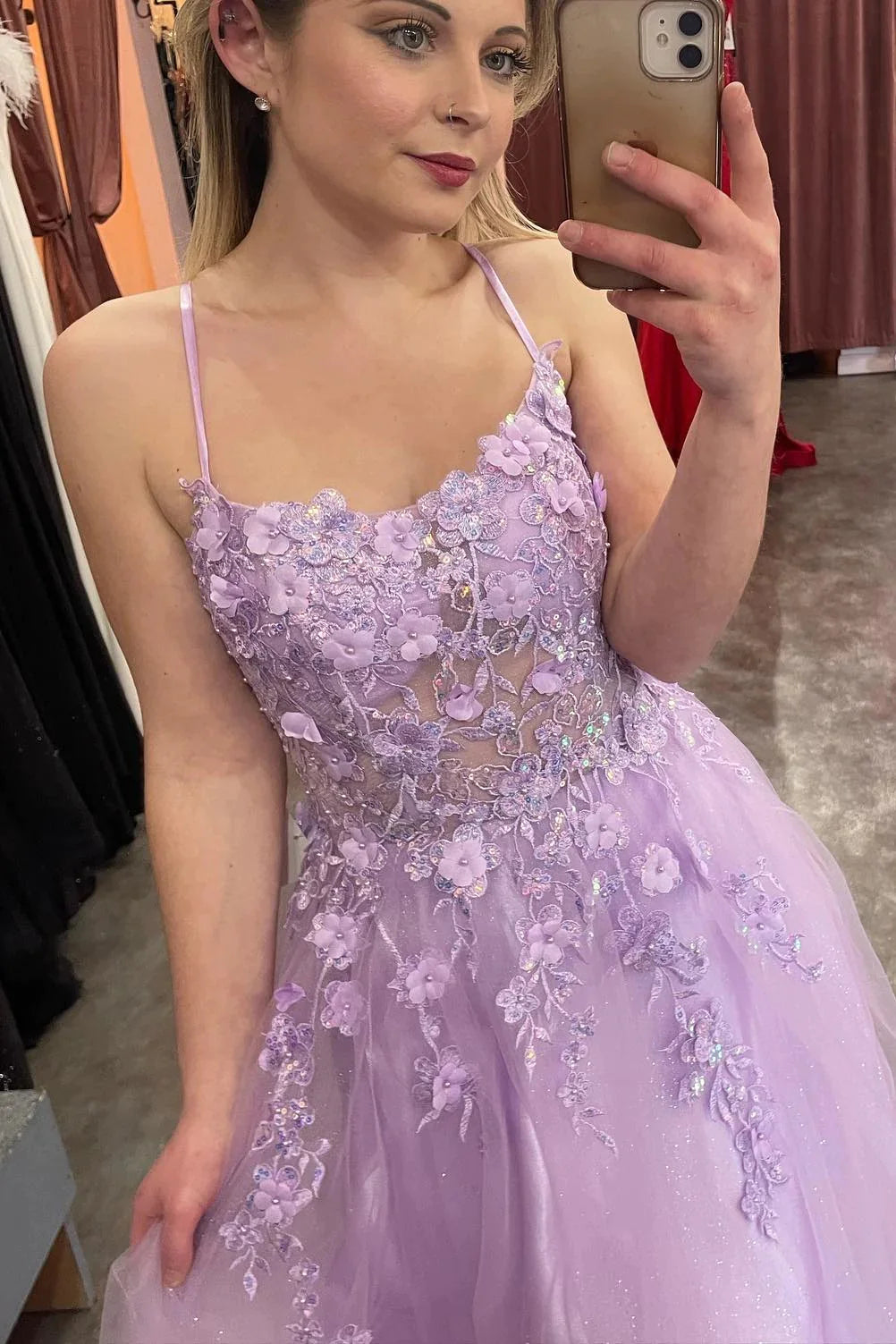 Lilac Appliques Straps A-line Long Prom Dress