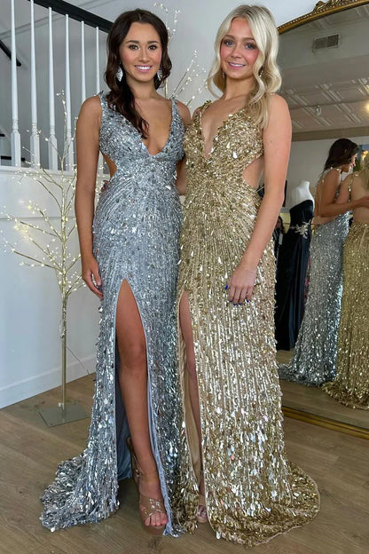 Gold Sequins Mermaid Long Prom Dresses with Slit