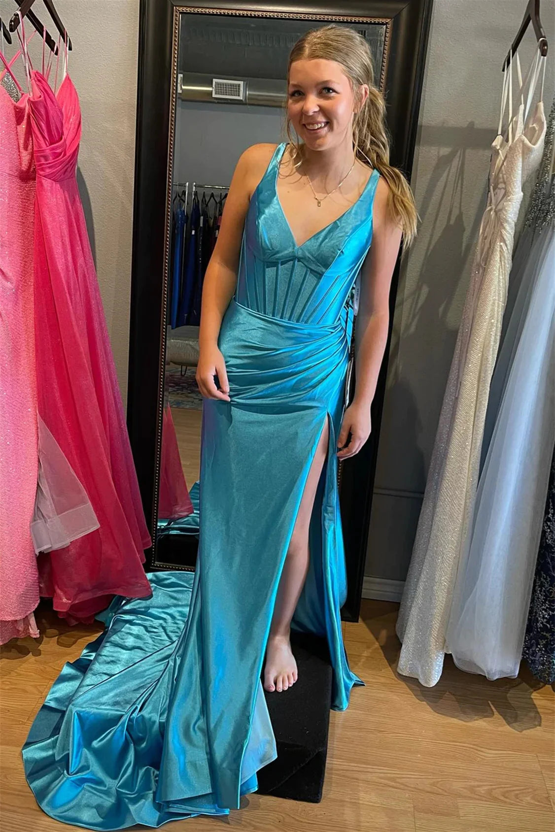 Regency Mermaid Satin V Neck Long Prom Dress with Slit