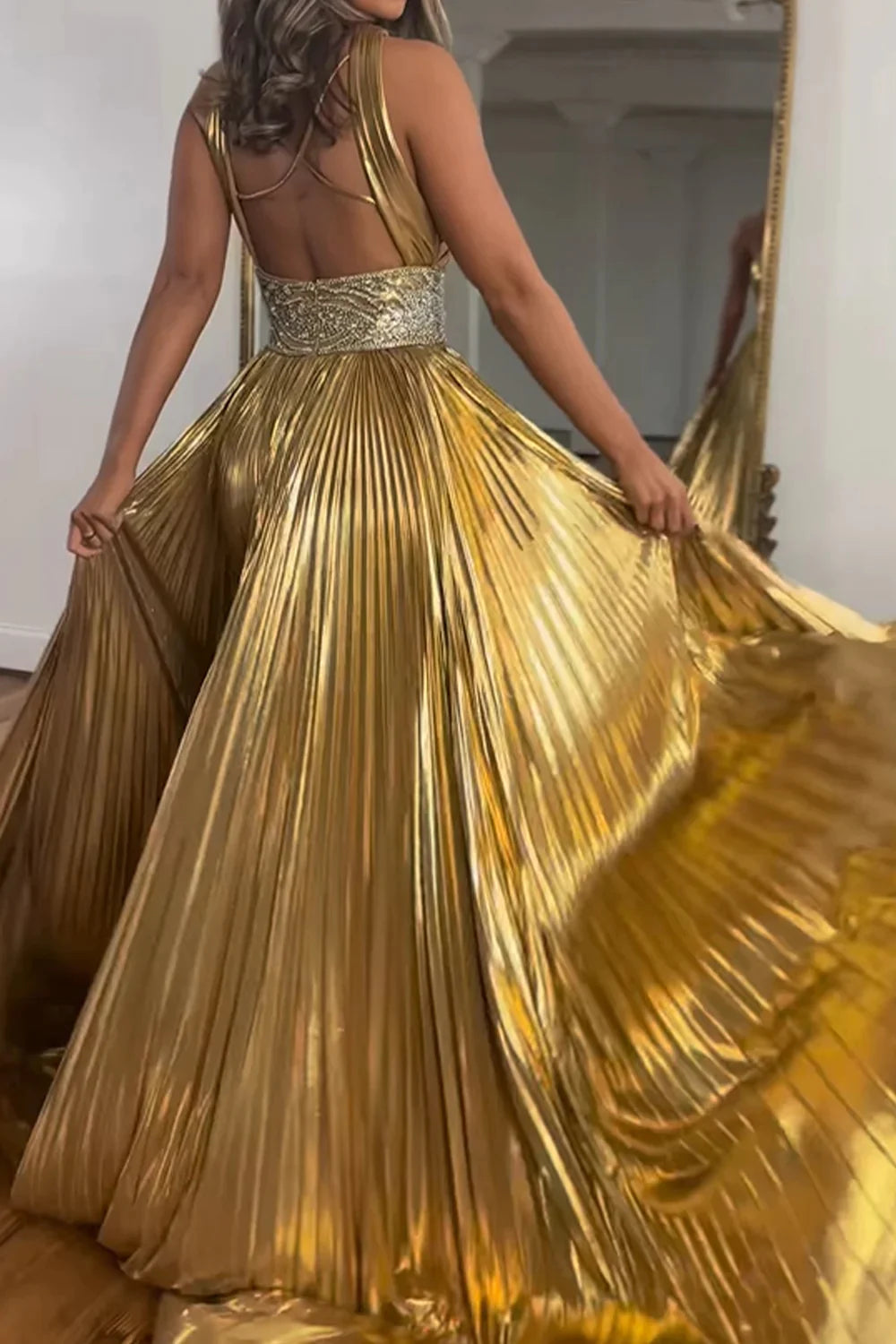 Glitter Golden A-Line Beaded Metallic Long Prom Dress with Slit