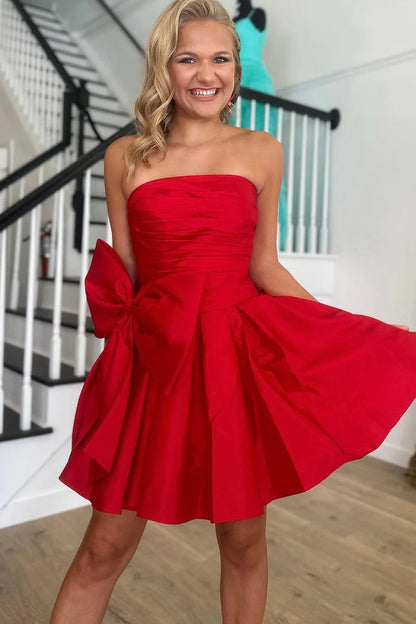 Cute A-Line Strapless Red Satin Short Homecoming Dresses with Bow