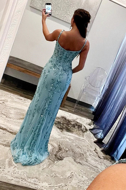 Aqua Blue Applique Queen Anne Long Formal Dress with Slit