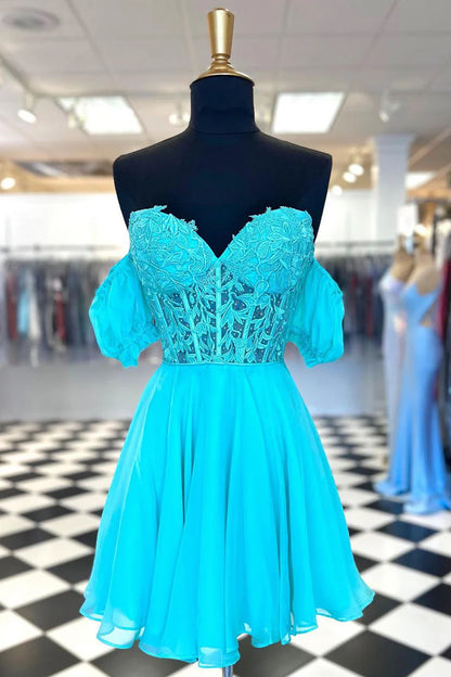 Royal Blue A Line Lace Off the Shoulder Homecoming Dress with Appliques