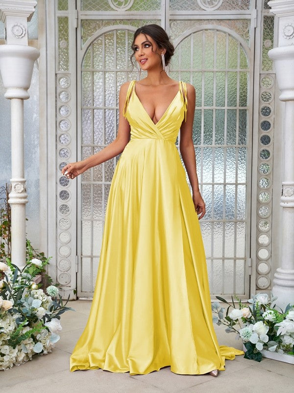 A-Line/Princess Silk like Satin Ruffles V-neck Sleeveless Sweep/Brush Train Bridesmaid Dresses