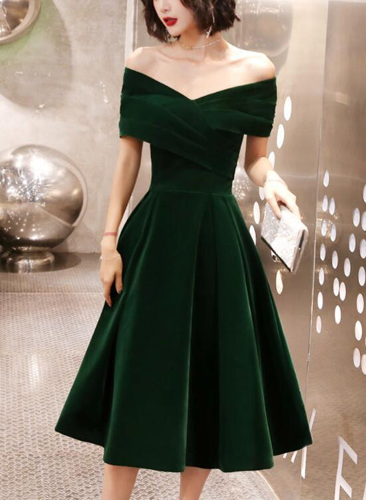 Green Velvet Off Shoulder Vintage Style Bridesmaid Dress Tea Length Party Dress Homecoming Dress