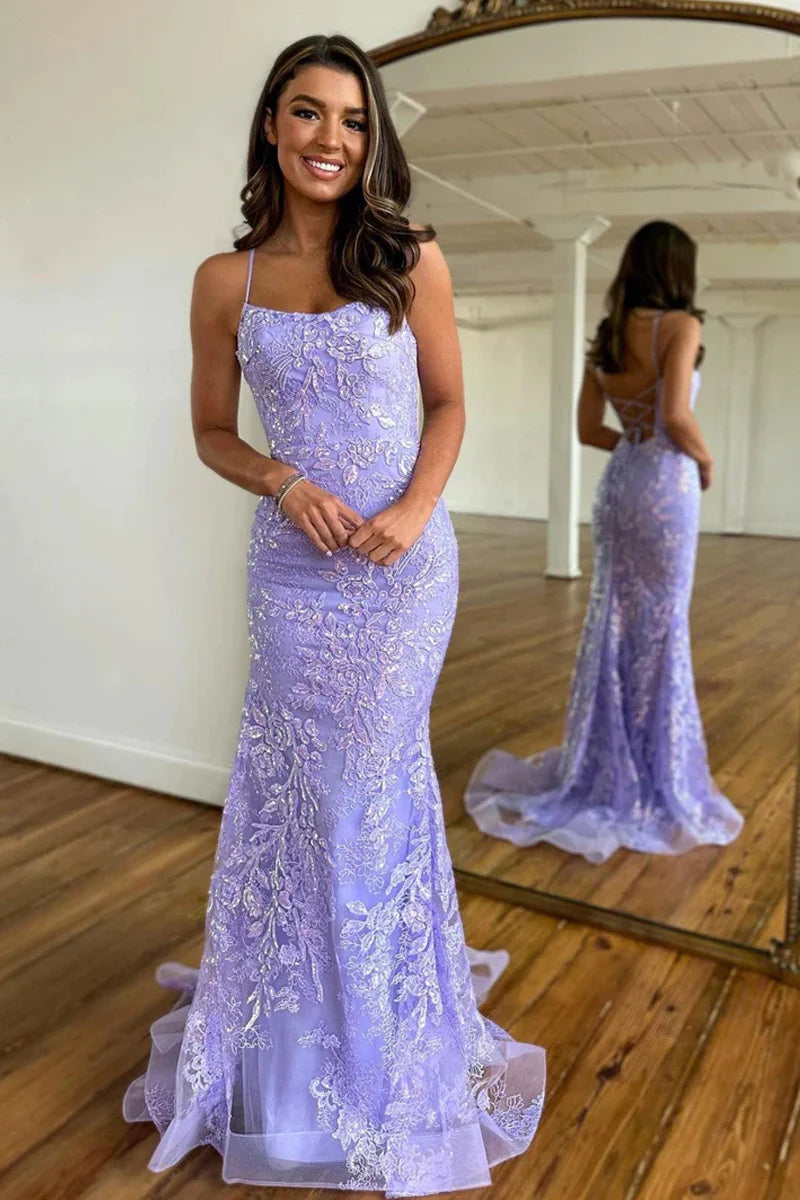 Mermaid Scoop Neck Lilac Sequin Lace Long Prom Dresses