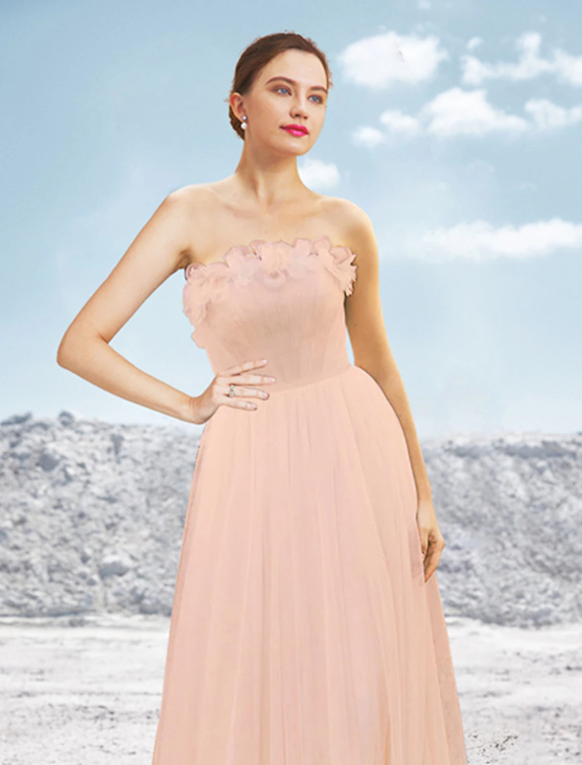 A-Line Evening Gown Elegant Dress Formal Wedding Party Sweep / Brush Train Sleeveless Strapless Tulle with Pleats