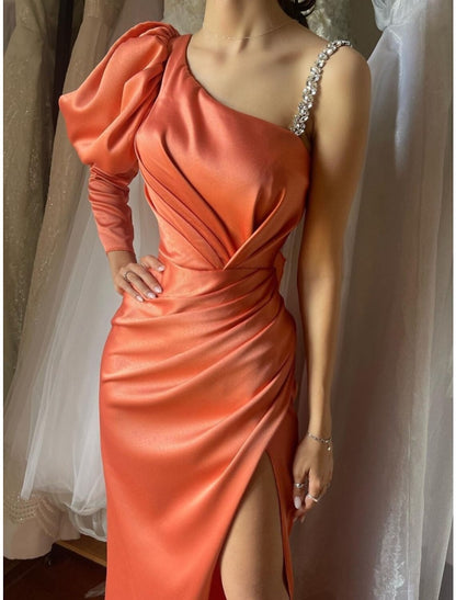 Sheath / Column Evening Gown Elegant Dress Formal Ankle Length Long Sleeve Boat Neck Satin with Ruched Crystals Slit