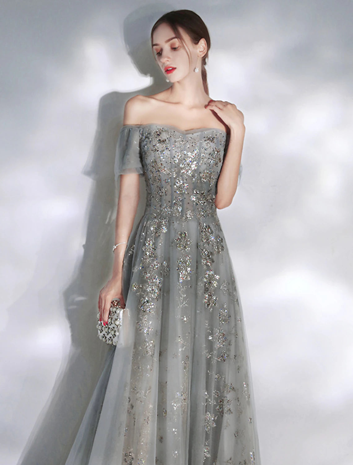 A-Line Evening Gown Glittering Dress Engagement Floor Length Short Sleeve Off Shoulder Spandex with Sequin Appliques