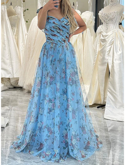 Ball Gown A-Line Prom Dresses Blue Princess Dress Birthday Sweep / Brush Train Sleeveless Tulle with Floral Print Strappy