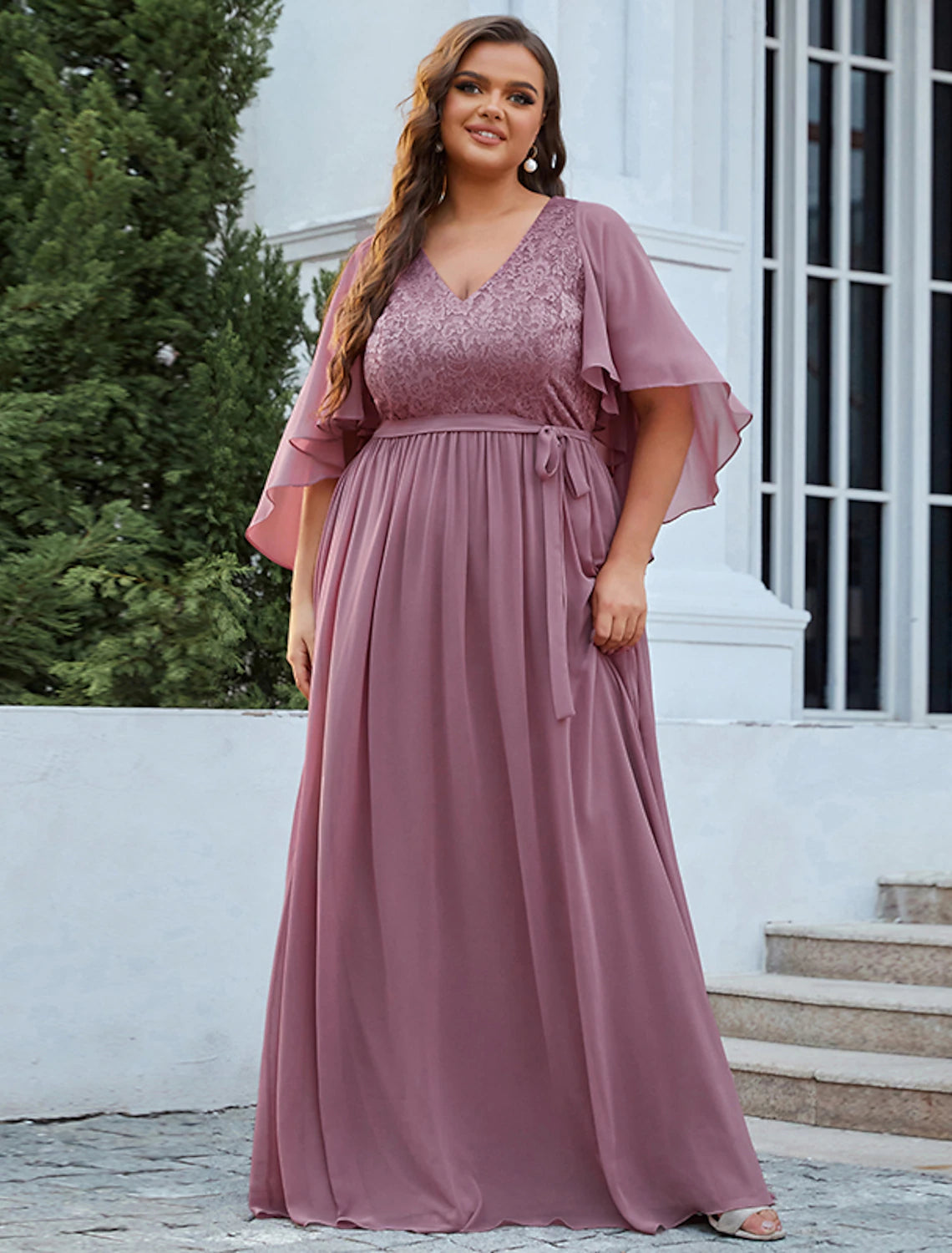 A-Line Mother of the Bride Dress Plus Size Elegant V Neck Floor Length Chiffon Tulle Half Sleeve with Sash / Ribbon