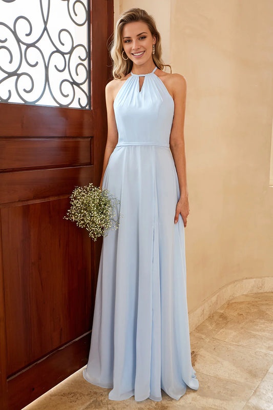 Sky Blue Halter Open Back Bridesmaid Dress