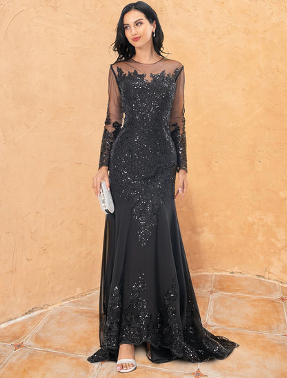 Mermaid / Trumpet Evening Gown Elegant Dress Formal Sweep / Brush Train Long Sleeve Jewel Neck Lace with Beading Embroidery