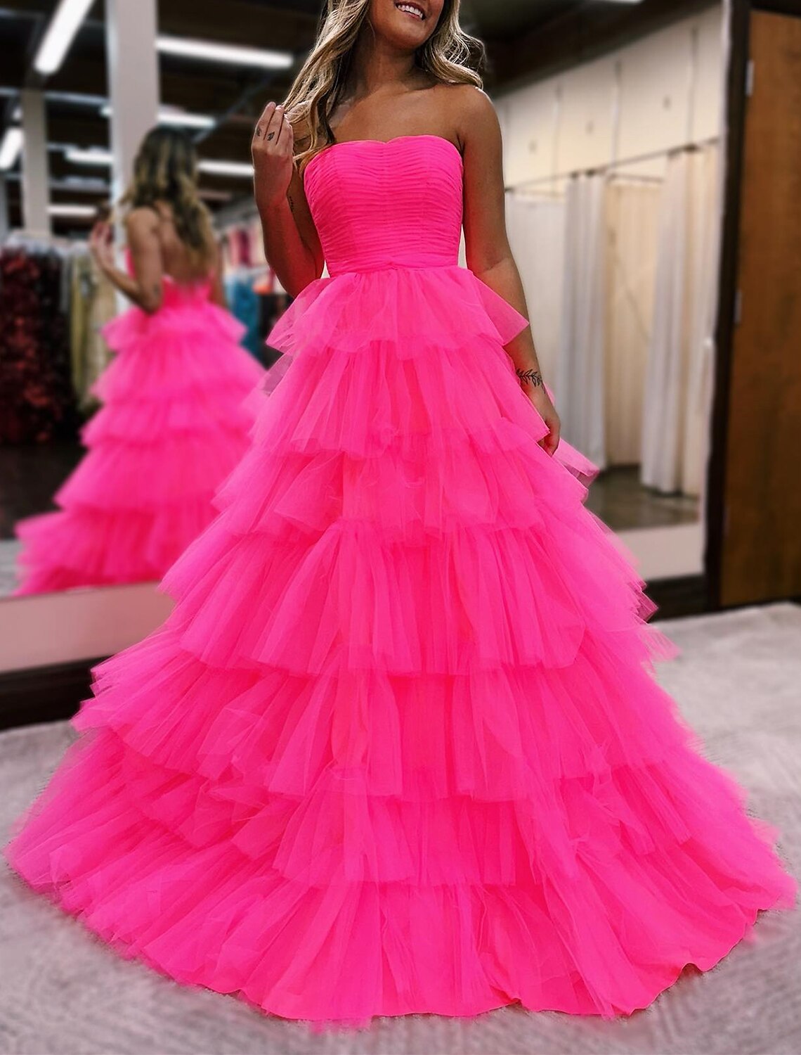 Ball Gown Prom Dresses Backless Dress Formal Wedding Guest Floor Length Sleeveless Strapless Tulle with Ruched