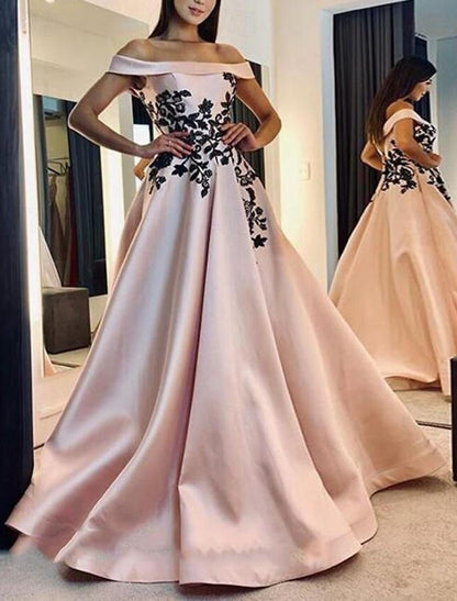 A-Line Prom Dresses Elegant Dress Formal Prom Floor Length Sleeveless Off Shoulder Pocket Satin with Appliques Pocket