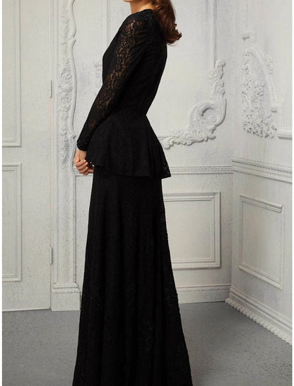A-Line Mother of the Bride Dress Wedding Guest Elegant Scoop Neck Floor Length Lace Long Sleeve with Sequin Ruching Solid Color