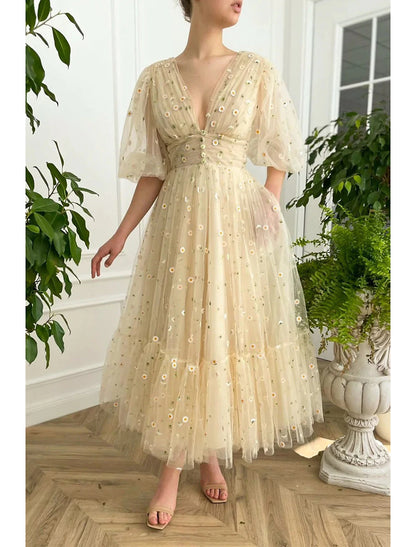 A-Line Prom Dresses Floral Dress Formal Wedding Guest Ankle Length Half Sleeve V Neck Lace V Back with Pleats Ruched