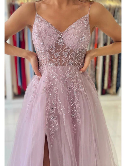 A-Line Prom Party Dress Princess Dress Formal Prom Court Train Sleeveless V Neck Tulle with Beading