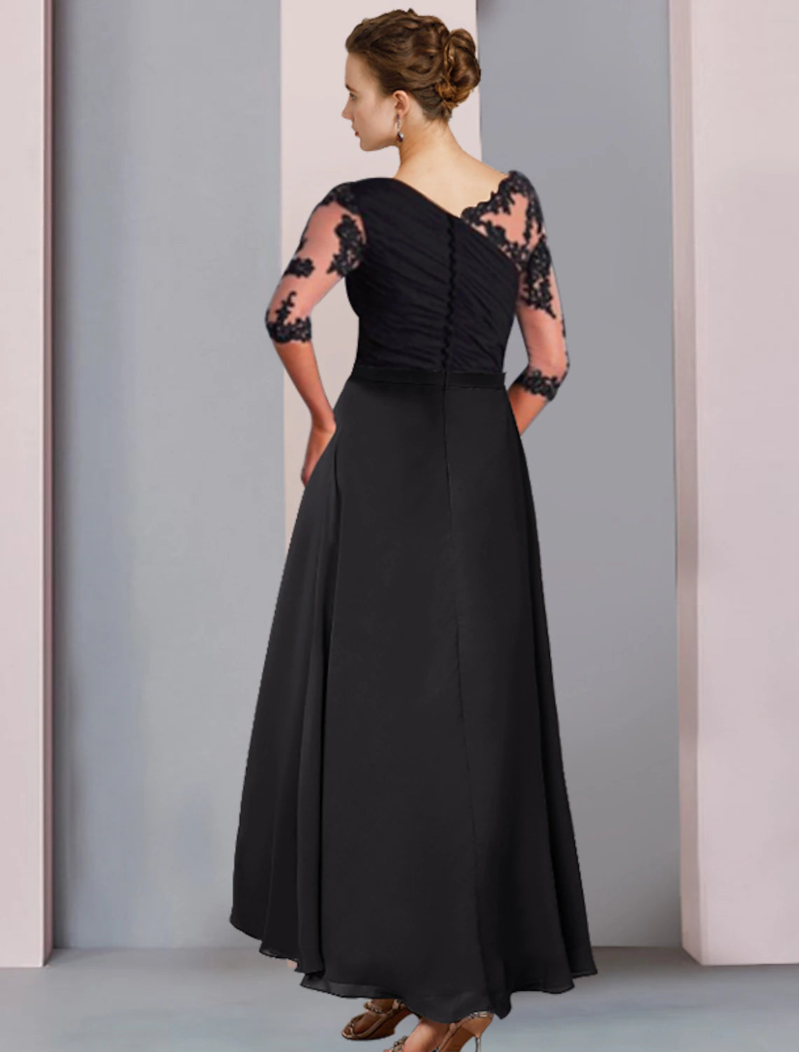 A-Line Mother of the Bride Dress Wedding Guest Elegant High Low Scoop Neck Asymmetrical Tea Length Chiffon Lace Half Sleeve with Appliques Side-Draped