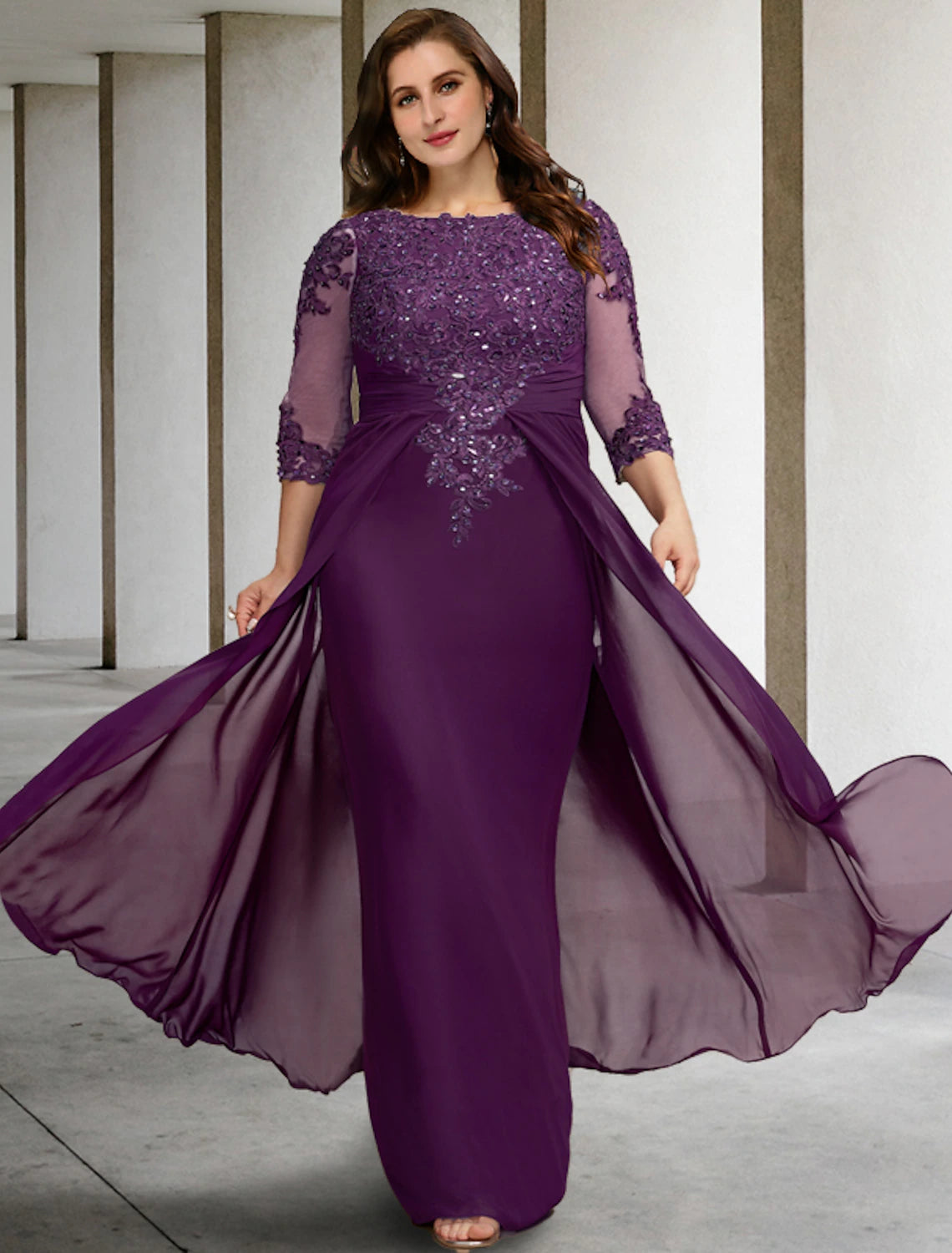 Sheath / Column Plus Size Curve Mother of the Bride Dresses Luxurious Dress Formal Floor Length Half Sleeve Jewel Neck Chiffon with Ruched Beading Appliques