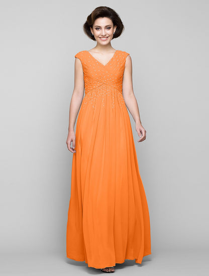 A-Line Mother of the Bride Dress Elegant V Neck Floor Length Chiffon Sleeveless with Criss Cross Beading