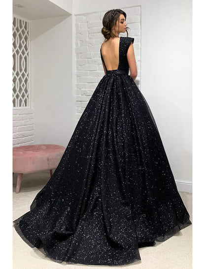 Ball Gown A-Line Prom Dresses Sparkle & Shine Dress Formal Sweep / Brush Train Sleeveless V Neck Wednesday Addams Family Tulle Backless with Pleats