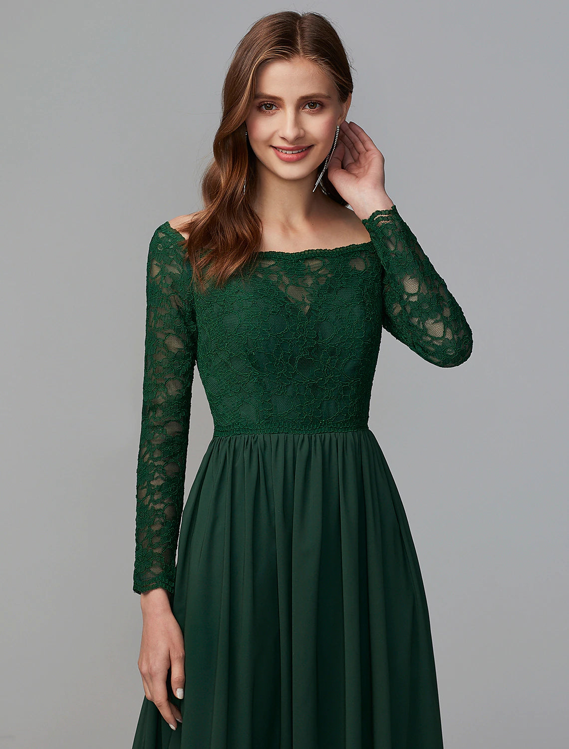 A-Line Bridesmaid Dress Off Shoulder Long Sleeve Elegant Floor Length Chiffon / Lace with Lace