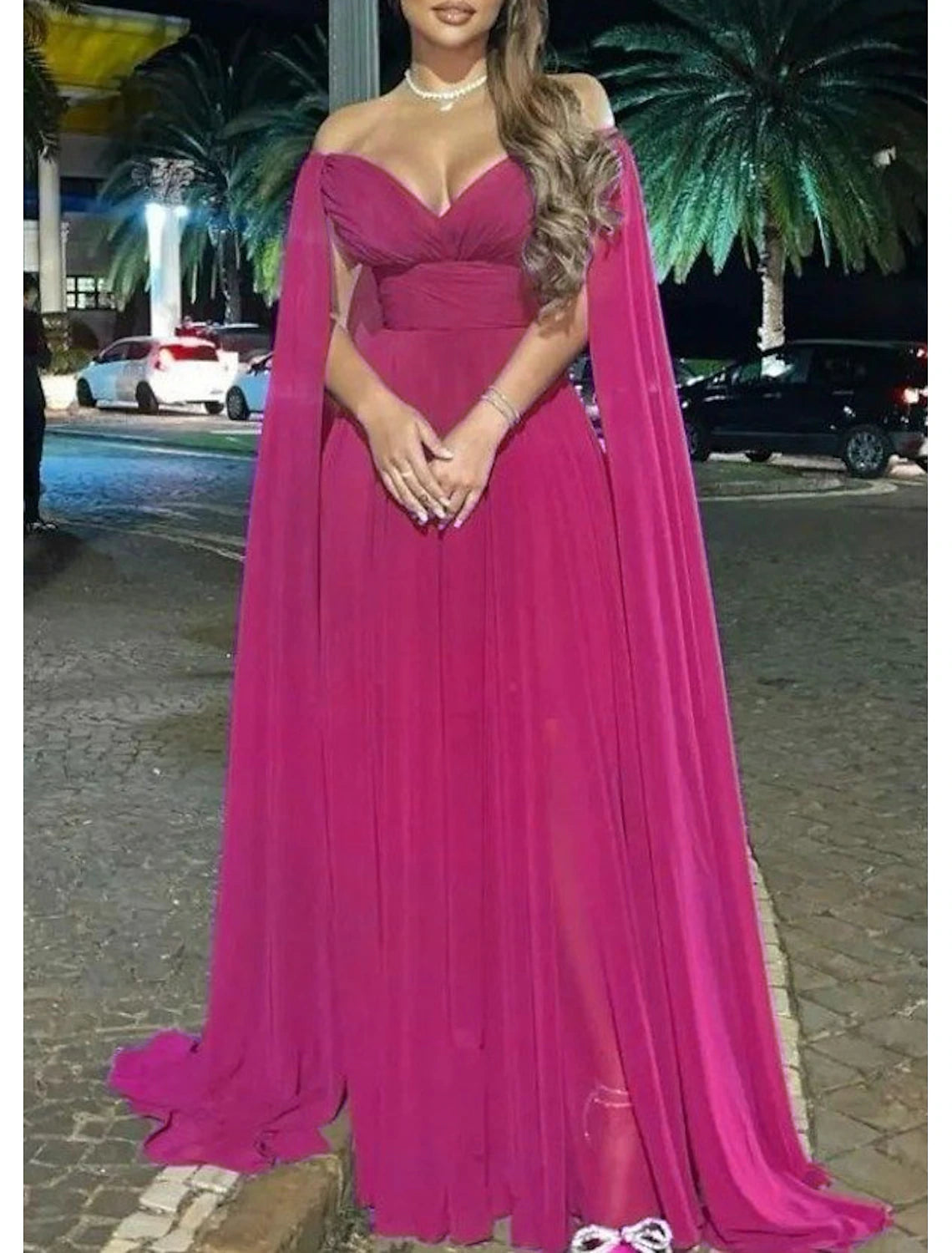 A-Line Evening Gown Elegant Dress Formal Wedding Party Sweep / Brush Train Sleeveless Off Shoulder Capes Chiffon with Pleats