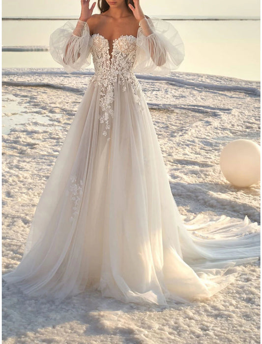 Beach Formal Wedding Dresses A-Line Off Shoulder Long Sleeve Court Train Lace Bridal Gowns With Appliques