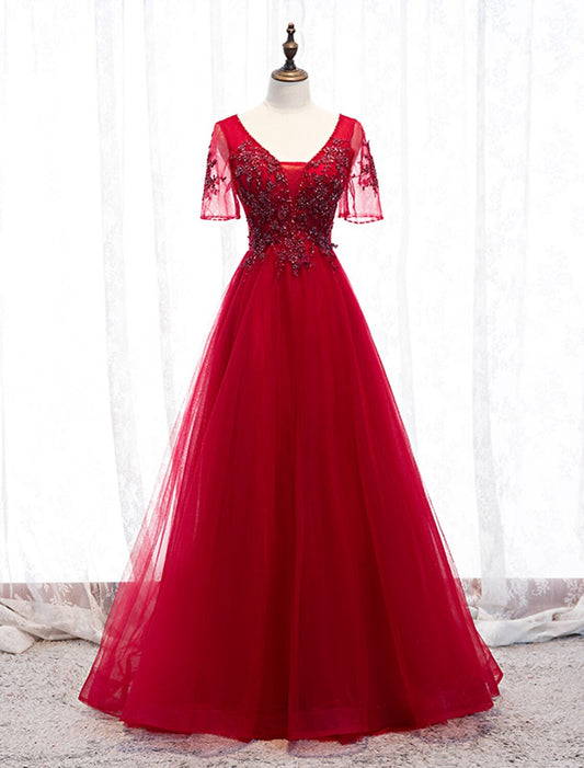 A-Line Prom Dresses Luxurious Dress Wedding Guest Formal Evening Floor Length Short Sleeve Spaghetti Strap Tulle with Beading Appliques