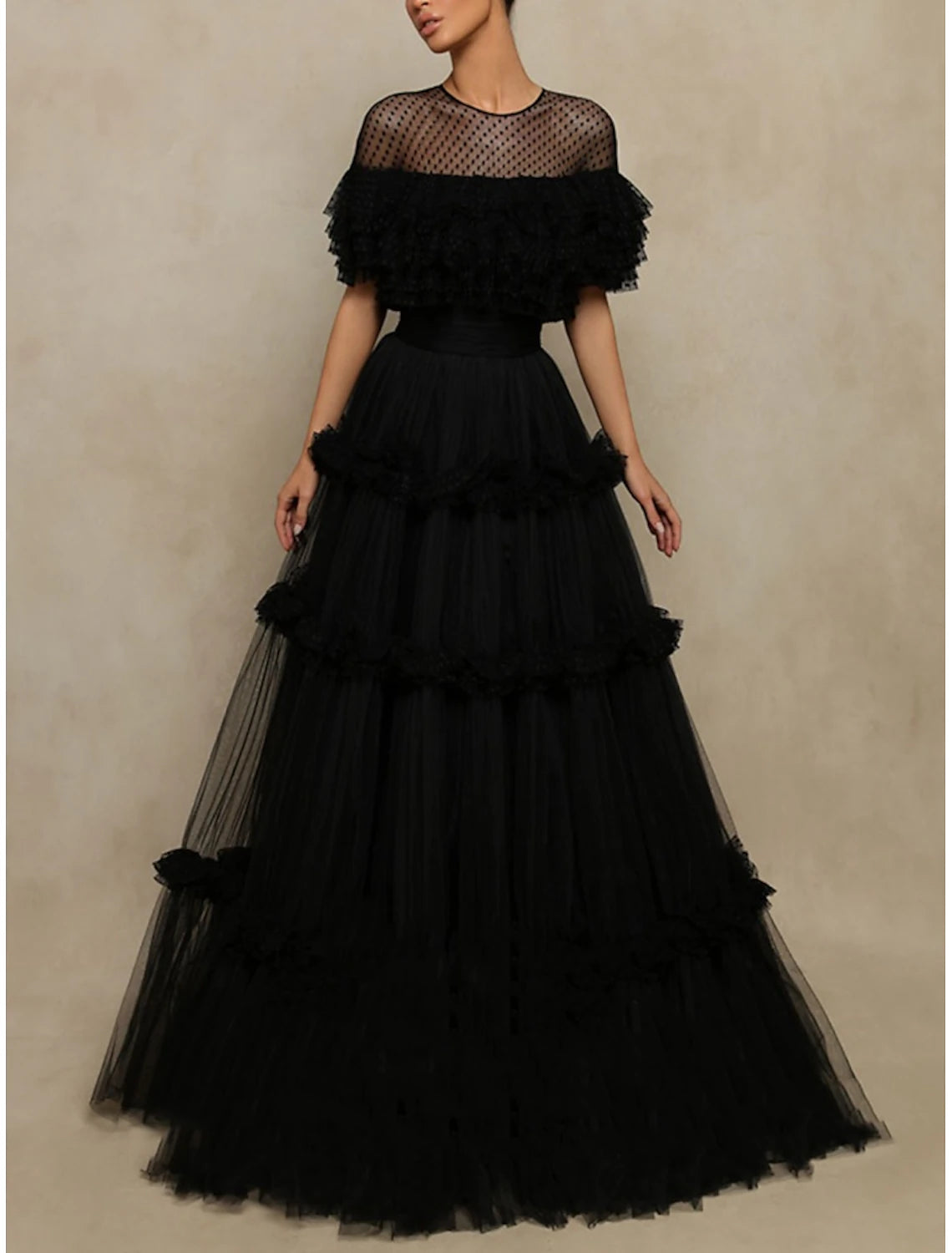 A-Line Prom Dresses Elegant Dress Formal Floor Length Short Sleeve Jewel Neck Tulle with Pleats Ruffles