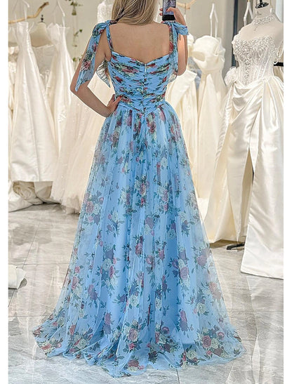 Ball Gown A-Line Prom Dresses Blue Princess Dress Birthday Sweep / Brush Train Sleeveless Tulle with Floral Print Strappy