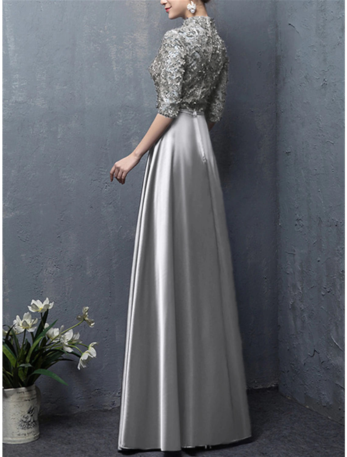 A-Line Mother of the Bride Dress Wedding Guest Vintage Elegant High Neck Floor Length Satin Half Sleeve with Bow(s) Appliques Fall