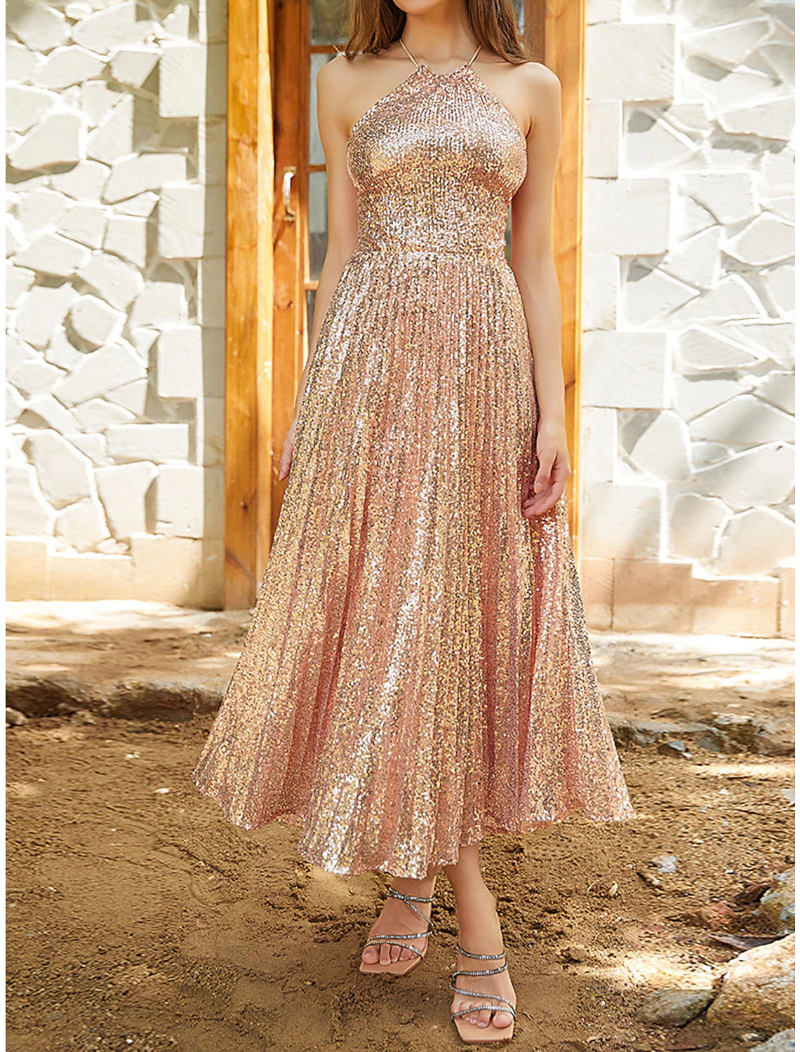 Women's Sequin Dress Rose Gold Dress Party Dress Sparkly Dress Cocktail Dress Midi Dress Champagne Sleeveless Sparkly Glitter Spring Fall Winter Halter Neck Fashion