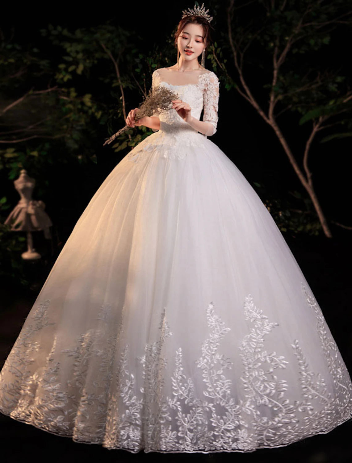 Reception Formal Wedding Dresses Ball Gown Illusion Neck Half Sleeve Floor Length Lace Bridal Gowns With Appliques Summer Wedding Party