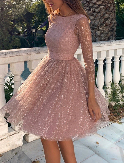 A-Line Glittering Cute Homecoming Cocktail Party Dress Dress Jewel Neck 3/4 Length Sleeve Knee Length Tulle with Pleats Sequin