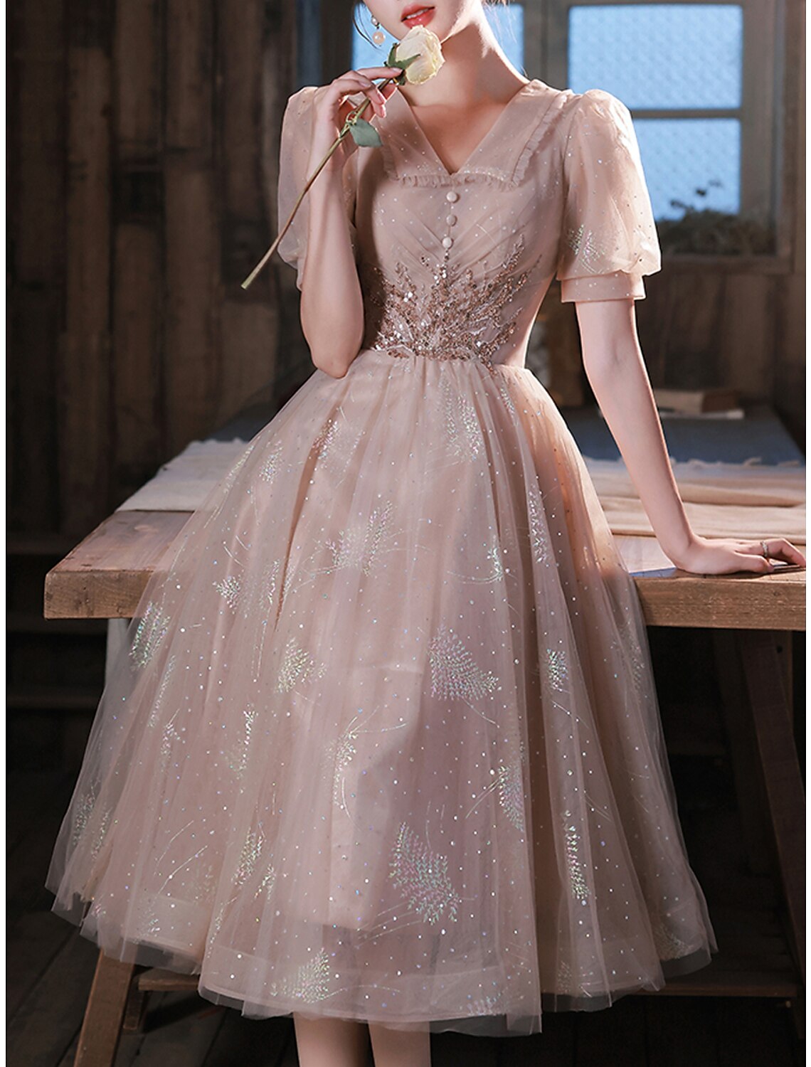 A-Line Prom Dresses Sparkle & Shine Dress Party Wear Prom Tea Length Half Sleeve V Neck Satin with Buttons Appliques