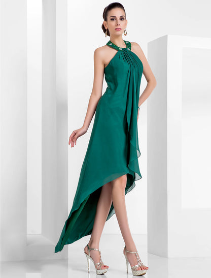 A-Line Elegant Dress Wedding Guest Cocktail Party Asymmetrical Sleeveless Halter Neck Chiffon Backless with Pleats Beading