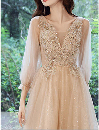 A-Line Sparkle Elegant Prom Formal Evening Birthday Dress V Neck 3/4 Length Sleeve Tea Length Tulle with Sequin Appliques