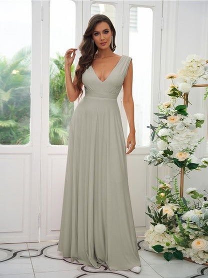 A-Line/Princess Jersey Ruffles V-neck Sleeveless Floor-Length Bridesmaid Dresses