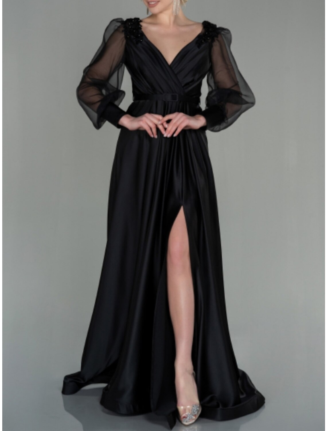 A-Line Evening Gown Elegant Dress Formal Fall Floor Length Long Sleeve V Neck Satin with Pleats Slit Shouder Flower