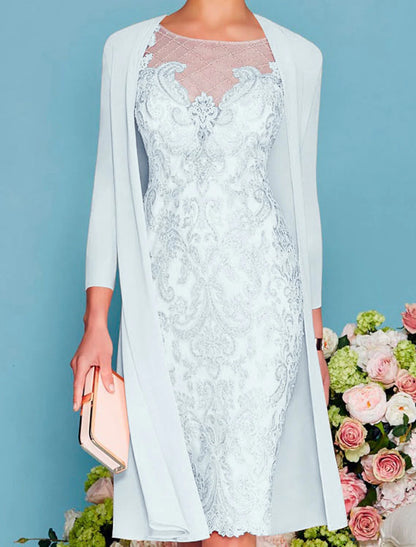 Two Piece Sheath / Column Mother of the Bride Dress Formal Wedding Guest Church Elegant Jewel Neck Knee Length Chiffon Lace 3/4 Length Sleeve Wrap Included Jacket Dresses with Beading Appliques