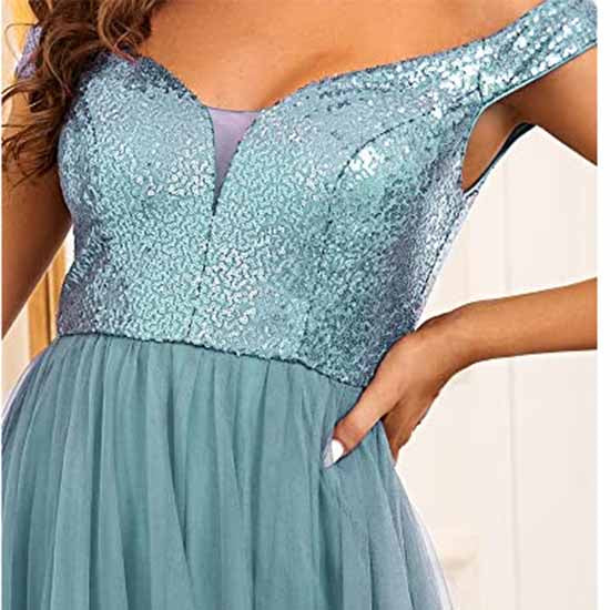 Off The Shoulder Bridesmaid Dress with Sequined Top High Waisted Long Prom Dress