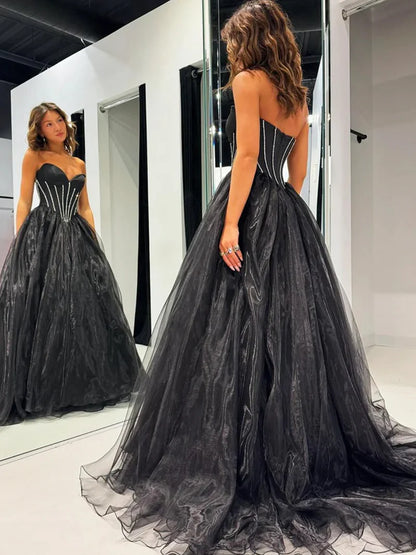 Strapless Black Tulle Long Prom Dresses Long Black Formal Graduation Evening Dresses