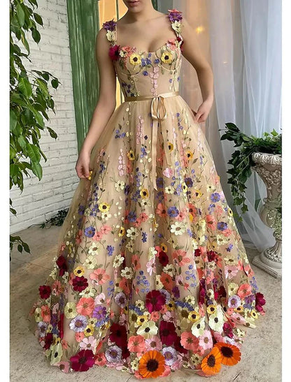 A-Line Prom Dresses Celebrity Style Dress Formal Wedding Guest Floor Length Sleeveless Spaghetti Strap Lace with Floral Print Appliques Shouder Flower