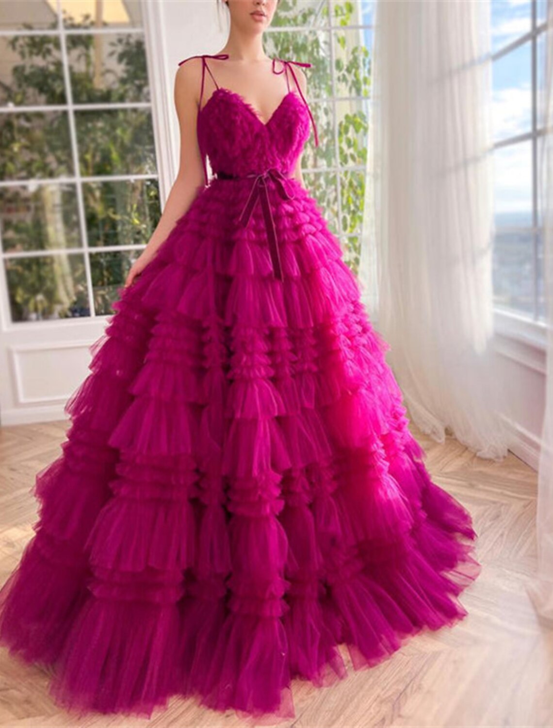 Ball Gown Evening Gown Puffy Dress Wedding Party Birthday Floor Length Sleeveless Spaghetti Strap Tulle with Ruffles Strappy