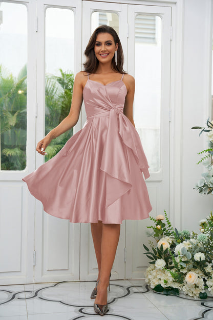 A-Line/Princess Elastic Woven Satin Ruffles Spaghetti Straps Sleeveless Knee-Length Bridesmaid Dresses